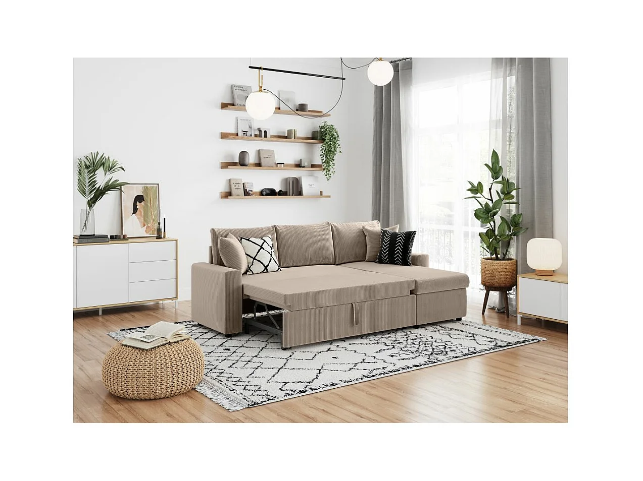 Canapé d'angle 3 places Maria réversible, convertible avec coffre en velours côtelé - Taupe - L227 x P146 x H81cm - Loungitude