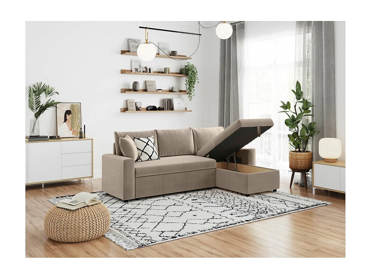 Canapé d'angle 3 places Maria réversible, convertible avec coffre en velours côtelé - Taupe - L227 x P146 x H81cm - Loungitude