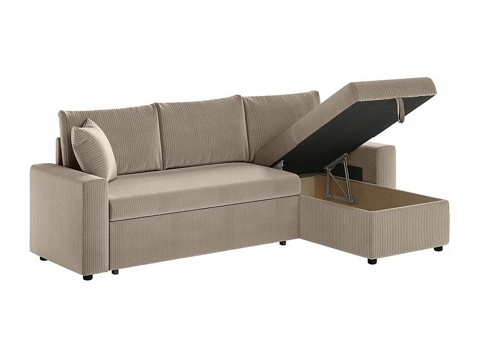Canapé d'angle 3 places Maria réversible, convertible avec coffre en velours côtelé - Taupe - L227 x P146 x H81cm - Loungitude