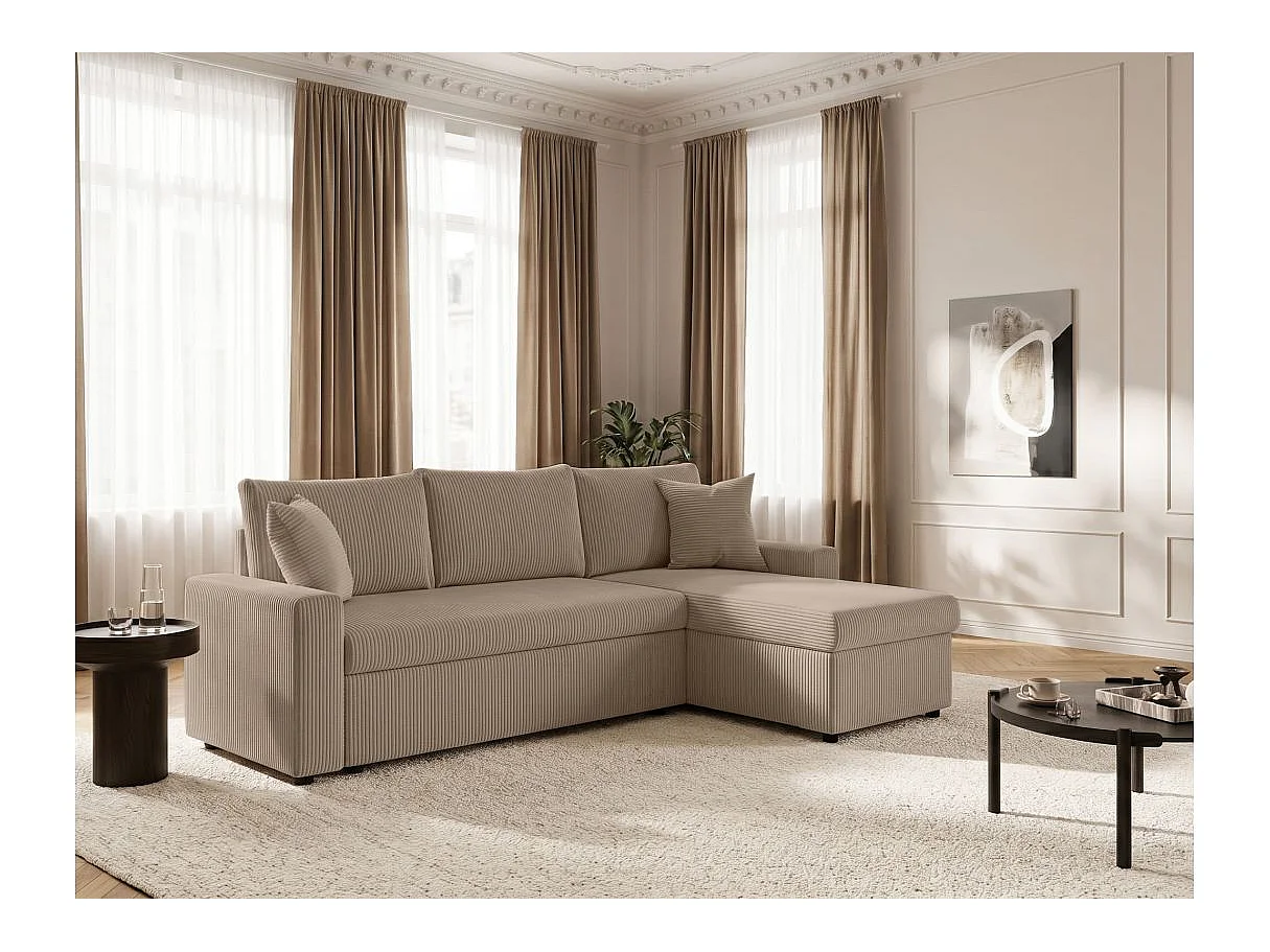Canapé d'angle 3 places Maria réversible, convertible avec coffre en velours côtelé - Taupe - L227 x P146 x H81cm - Loungitude