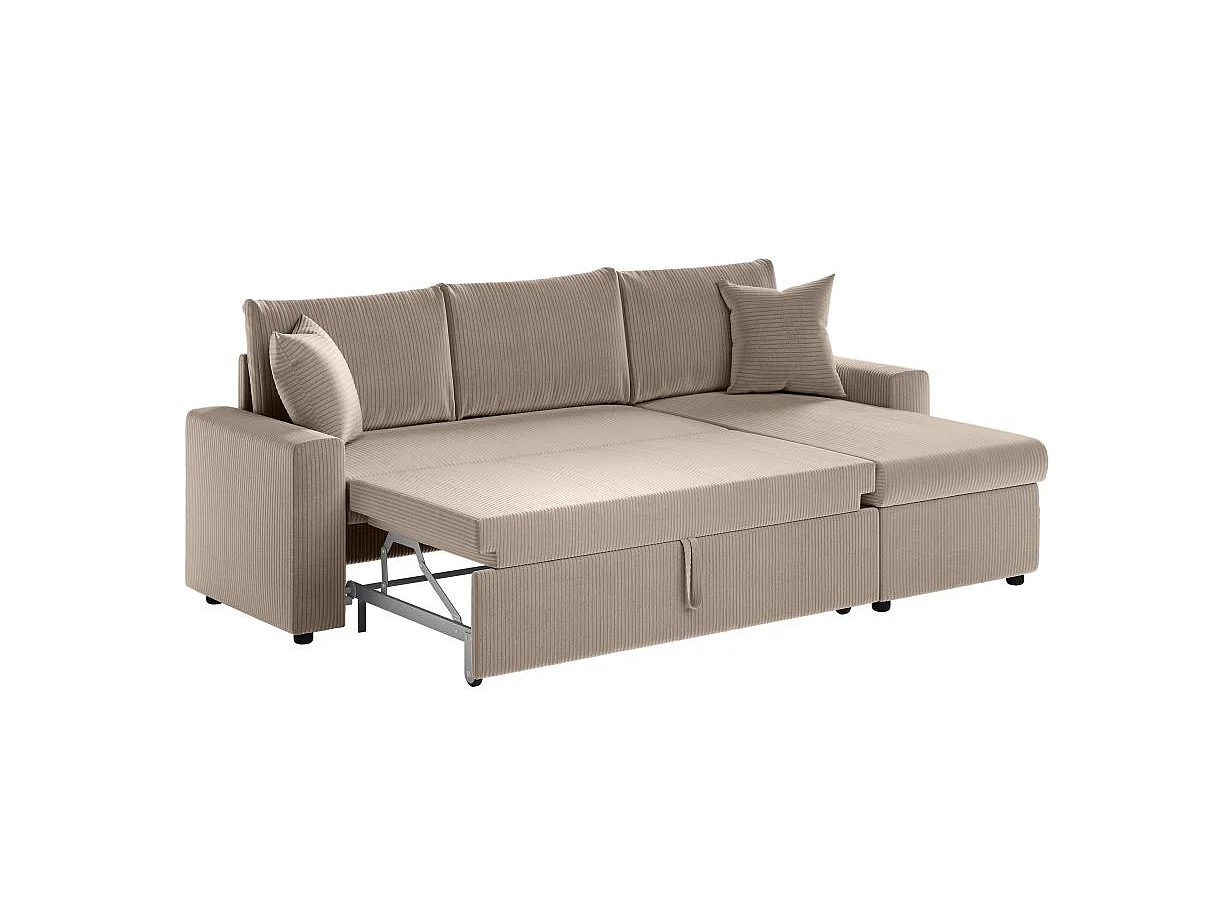 Canapé d'angle 3 places Maria réversible, convertible avec coffre en velours côtelé - Taupe - L227 x P146 x H81cm - Loungitude