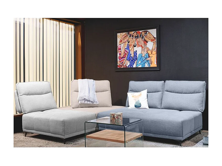 Pouf canapé modulable tissu bleu clair pieds gris anthracite - GINA