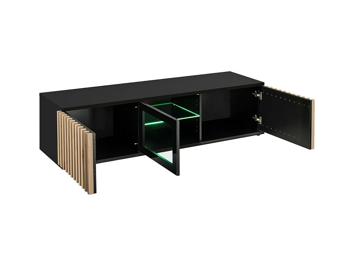 Meuble TV 160cm coloris chêne et noir collection DEAN. Meuble design avec 2 portes et 2 niches.