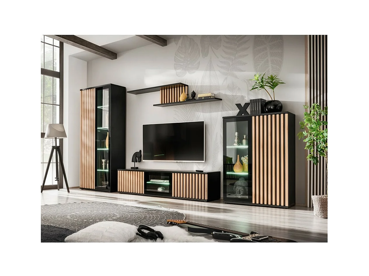 Meuble TV 160cm coloris chêne et noir collection DEAN. Meuble design avec 2 portes et 2 niches.