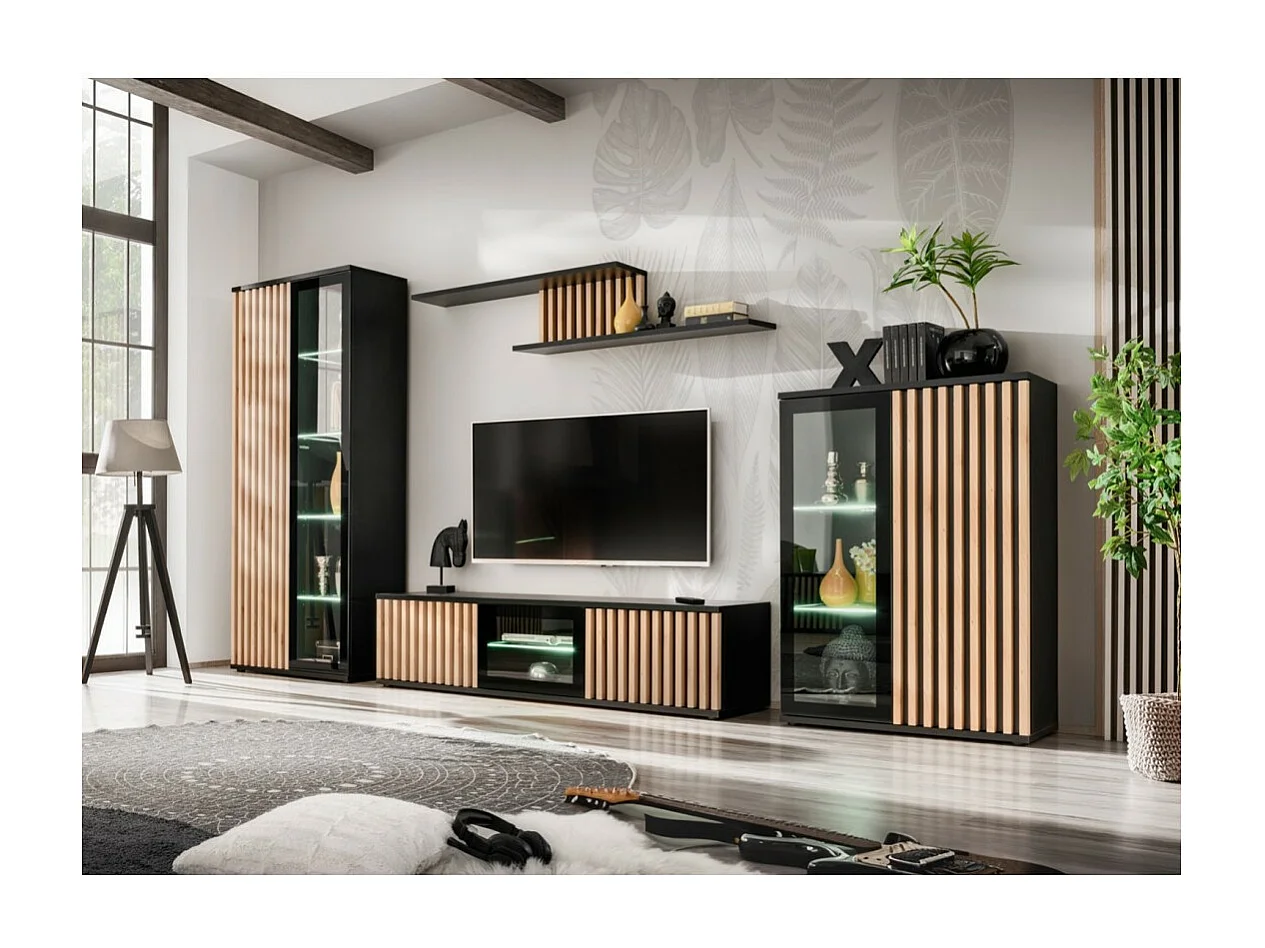 Meuble TV 160cm coloris chêne et noir collection DEAN. Meuble design avec 2 portes et 2 niches.
