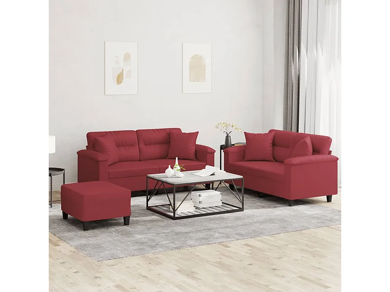 3 peças conjunto sofás com almofadas couro artif. vermelho tinto