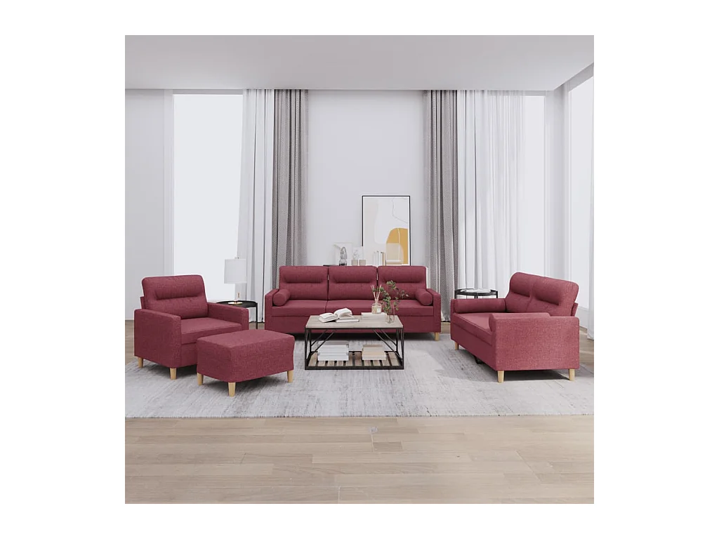 Ensemble de canapés 4 pièces avec coussins rouge bordeaux tissu