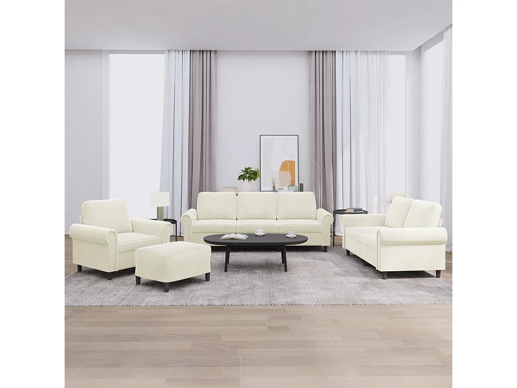 4 peças conjunto de sofás com almofadões veludo cor creme