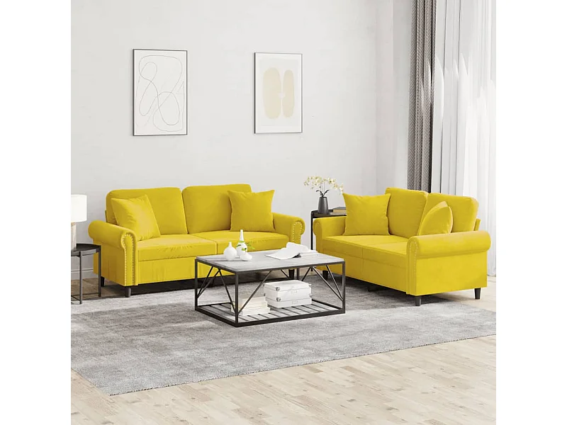 2 peças conjunto de sofás com almofadas veludo amarelo