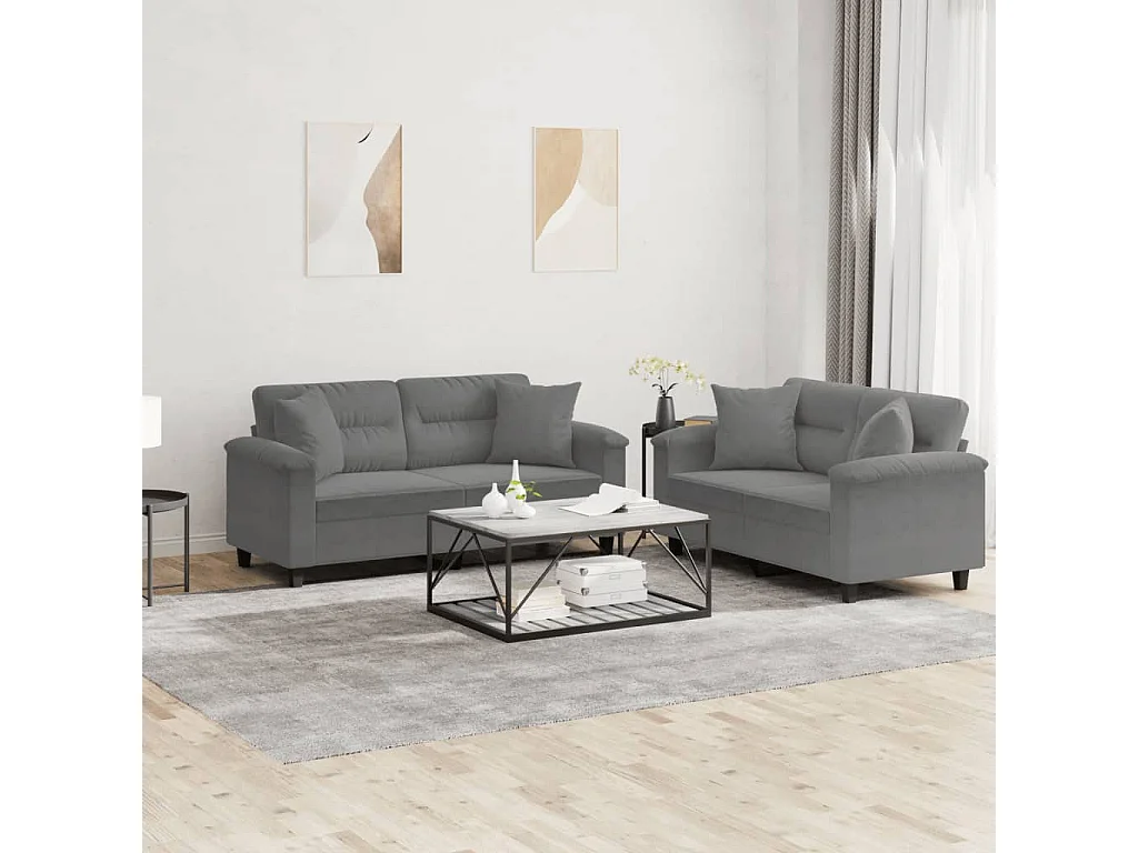 Ensemble de canapés 2 pièces coussins Gris foncé Tissu microfibre