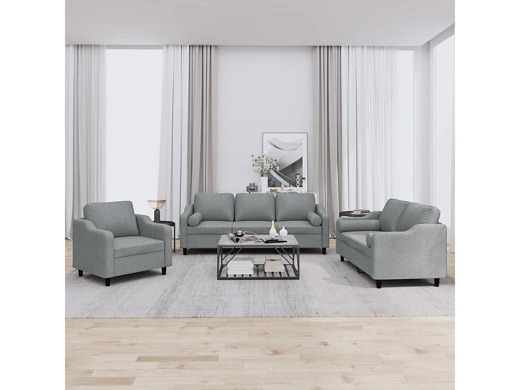 Ensemble de canapés 3 pièces coussins gris clair tissu
