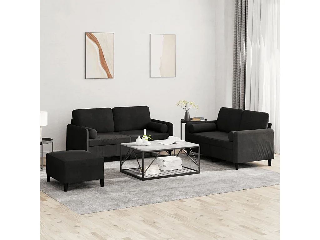 Ensemble de canapés 3 pièces avec coussins noir velours