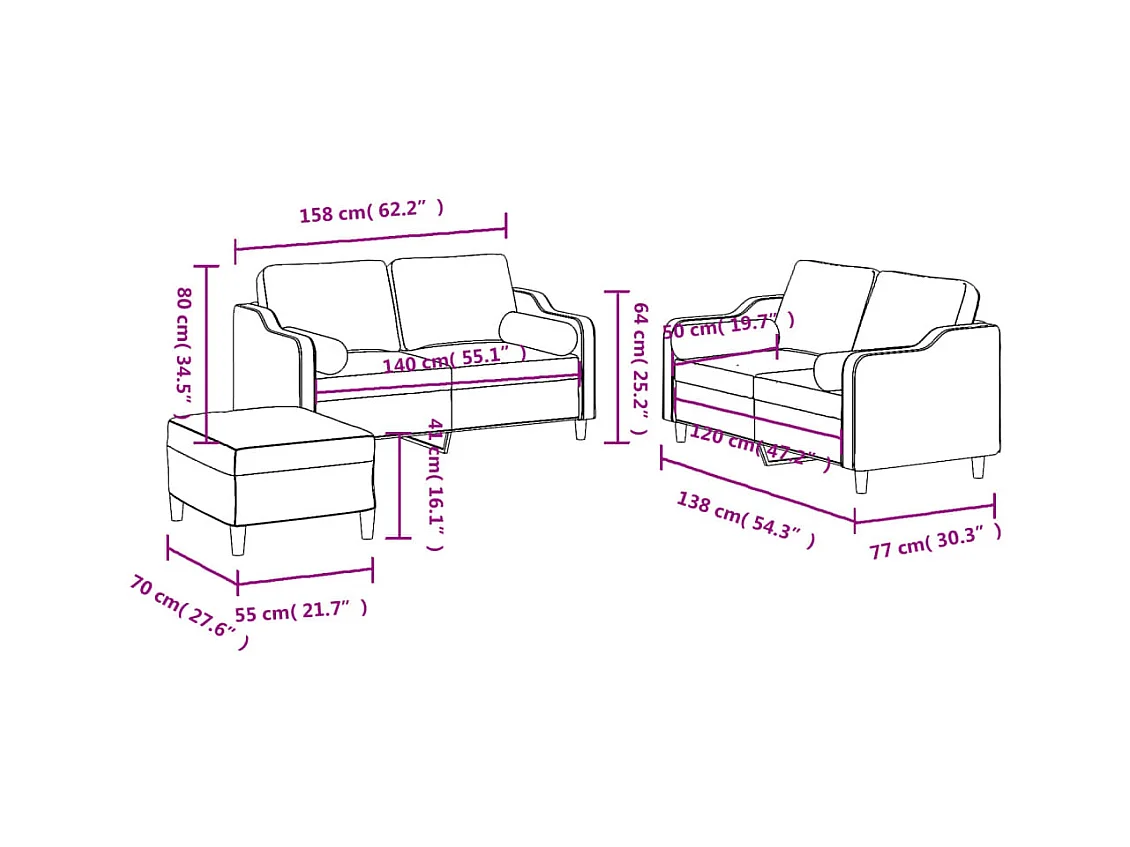 Ensemble de canapés 3 pièces coussins gris foncé tissu