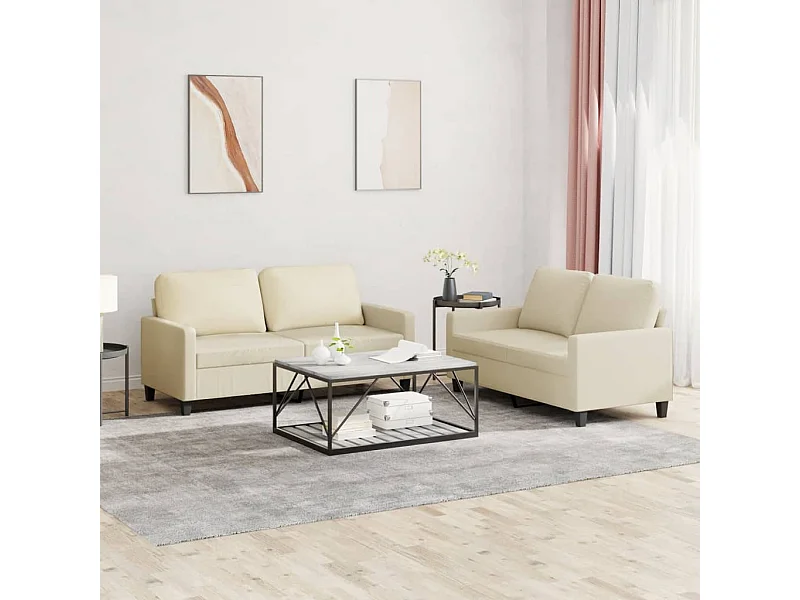 2 peças conjunto sofás com almofadões couro artificial cor creme