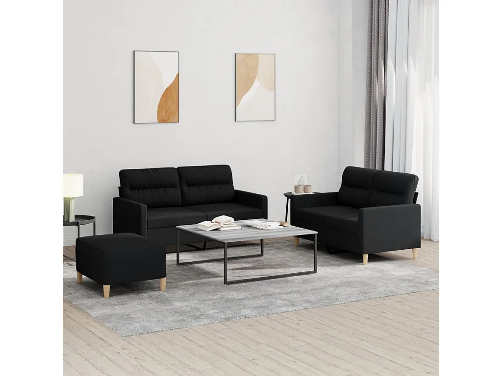 3-delige loungeset met kussens stof zwart