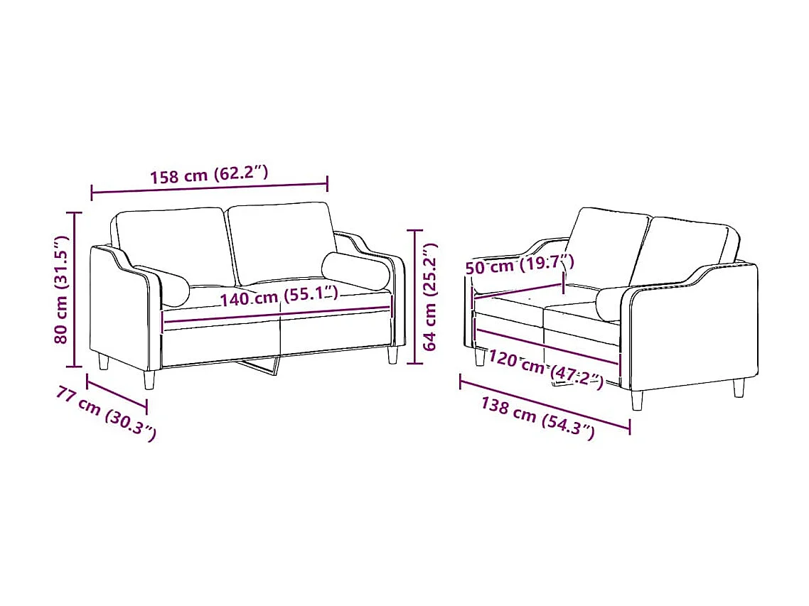 Ensemble de canapés 2 pièces avec coussins jaune clair tissu