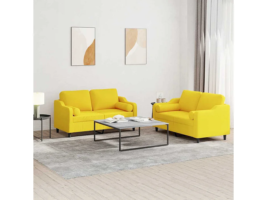 2 peças conjunto de sofás com almofadas tecido amarelo-claro