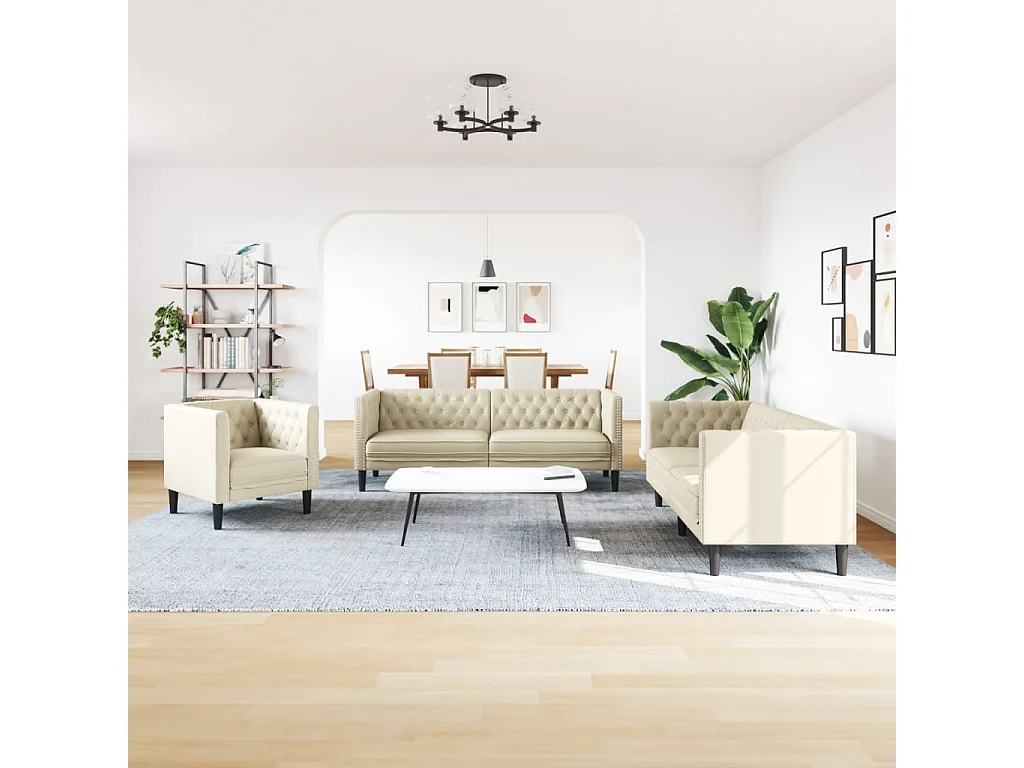 Ensemble de canapé Chesterfield 3 pièces crème similicuir