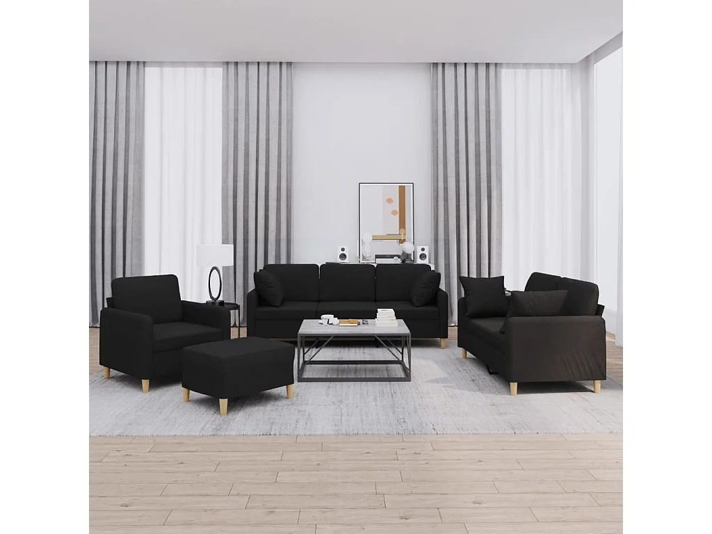 Ensemble de canapés 4 pièces avec coussins noir tissu