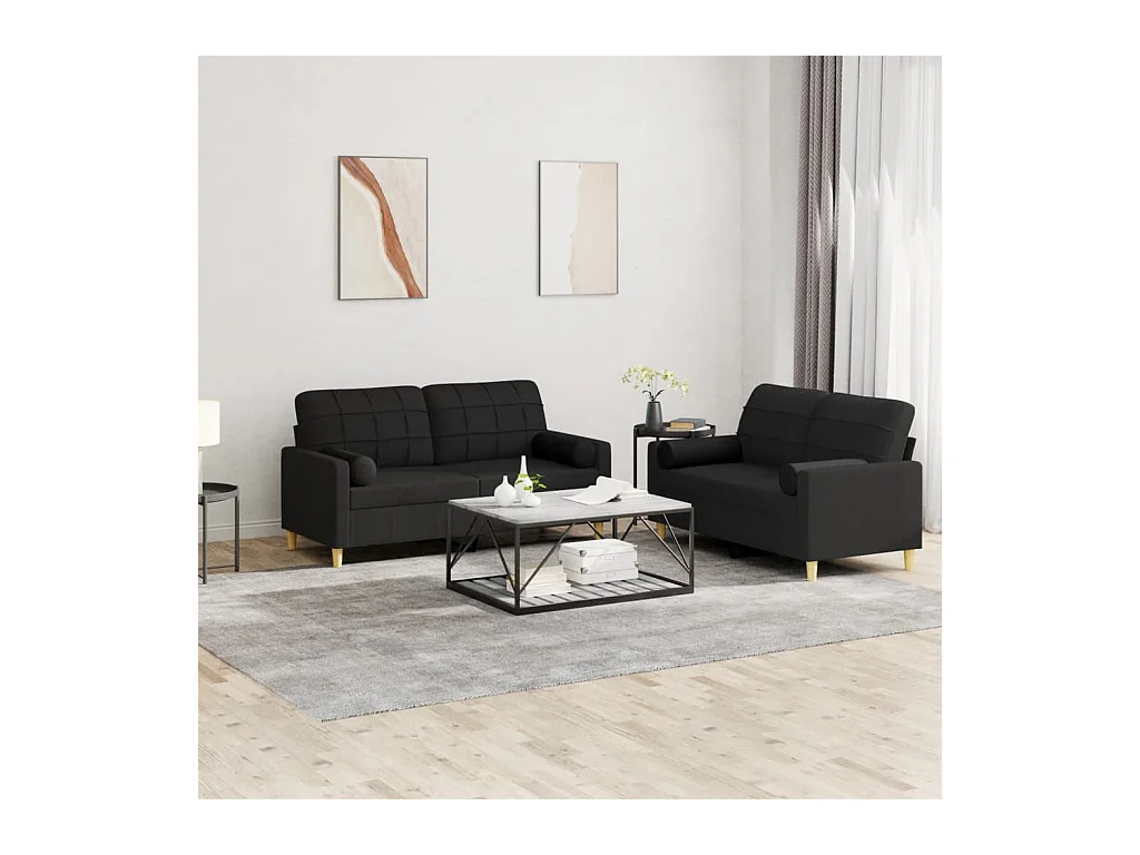 Ensemble de canapés 2 pièces avec coussins noir tissu
