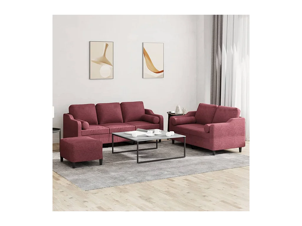 Ensemble de canapés 3 pièces avec coussins rouge bordeaux tissu