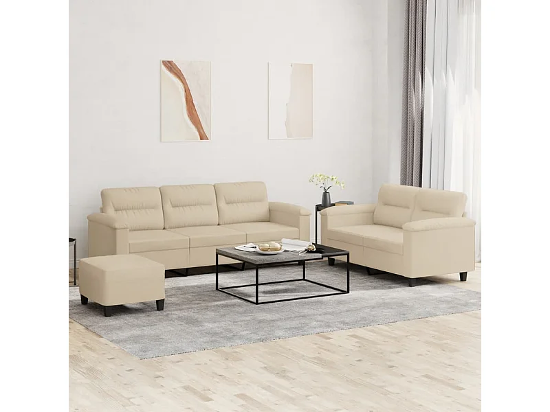3-delige Loungeset met kussens microvezelstof crèmekleurig
