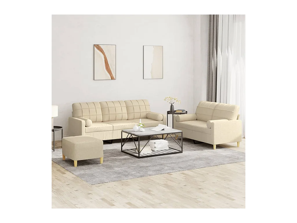 Juego de sofás con cojines 3 piezas tela crema