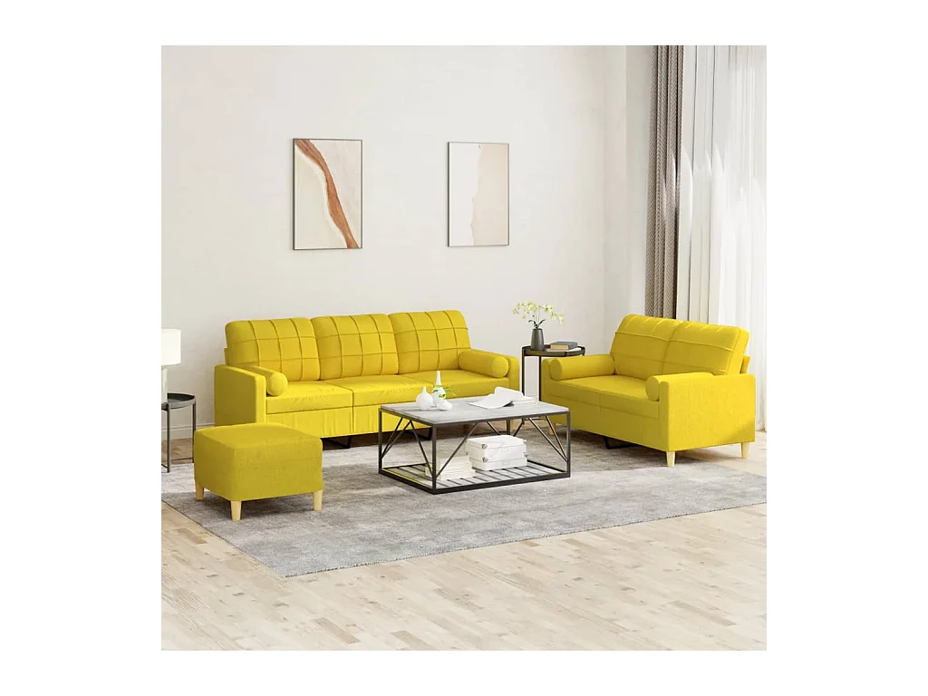 Ensemble de canapés 3 pièces avec coussins jaune clair tissu