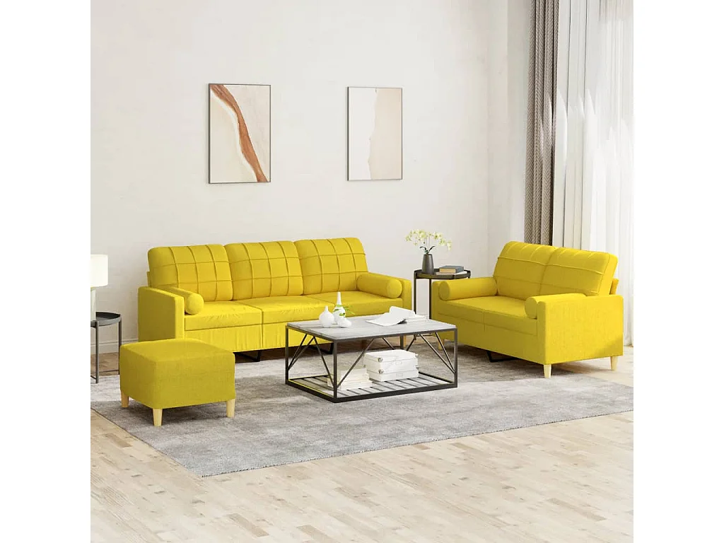 3 peças conjunto de sofás com almofadas tecido amarelo-claro