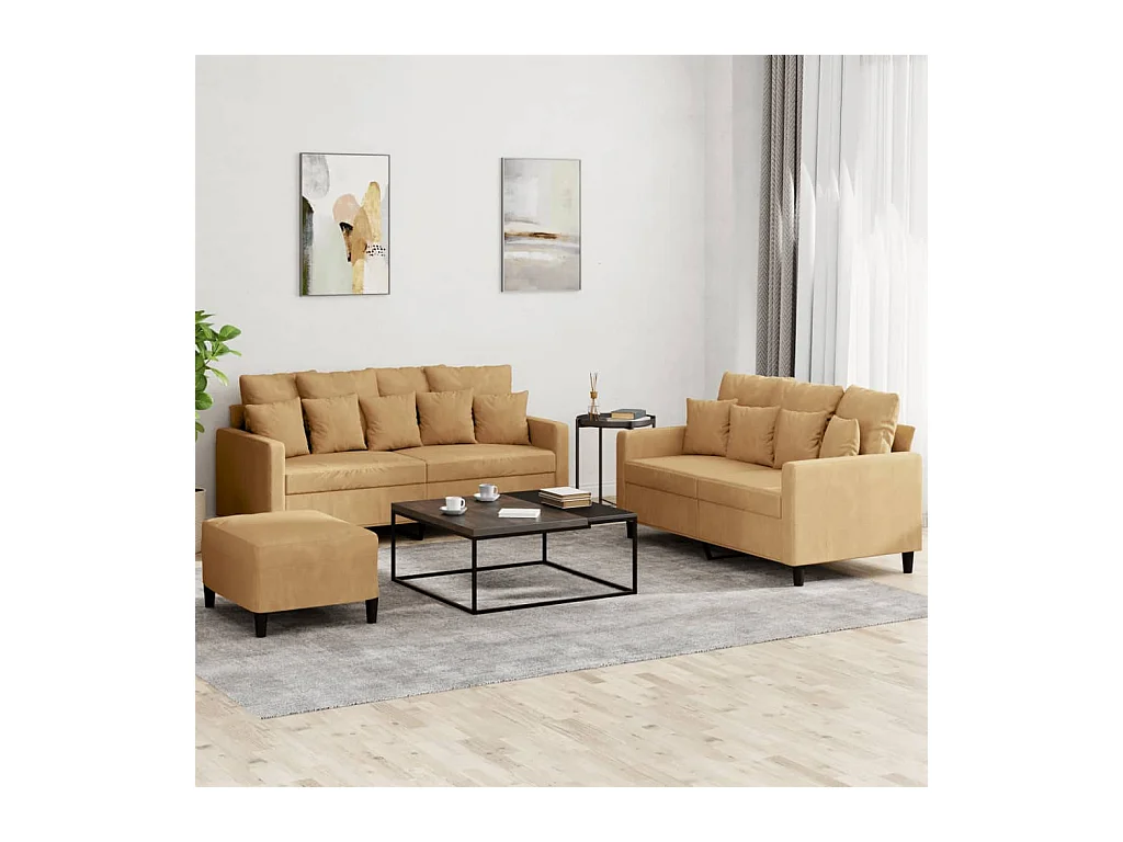 3 peças conjunto de sofás com almofadões veludo castanho