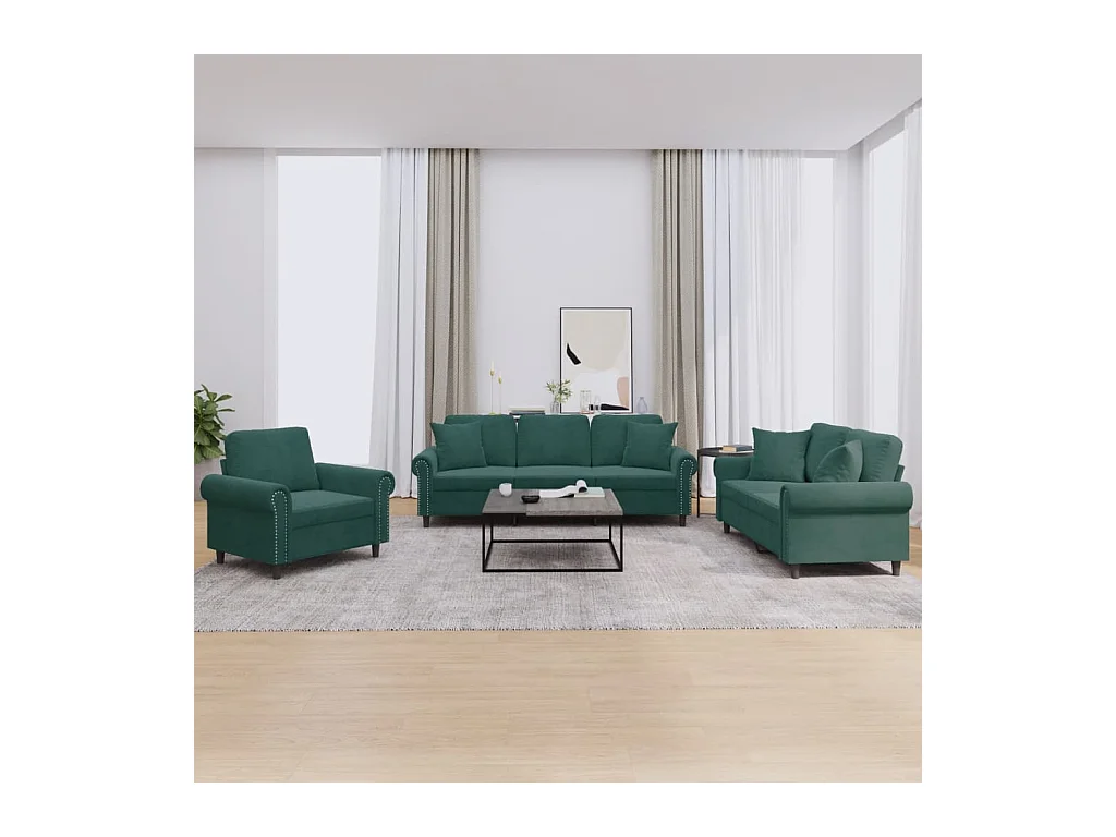 Juego de sofás con cojines 3 piezas terciopelo verde oscuro
