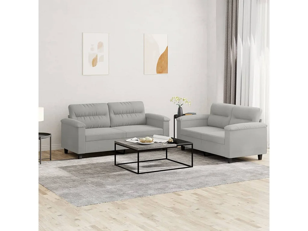 2-delige Loungeset met kussens microvezelstof lichtgrijs