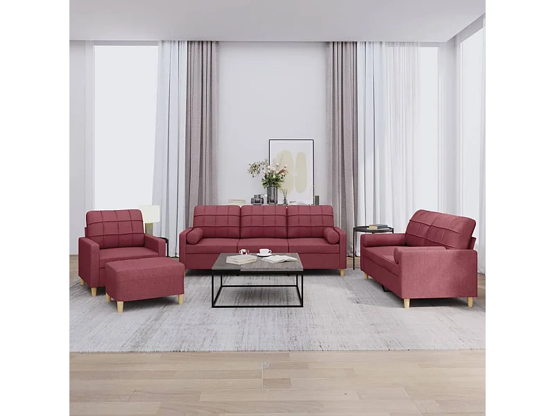 4 peças conjunto de sofás com almofadas tecido vermelho-tinto