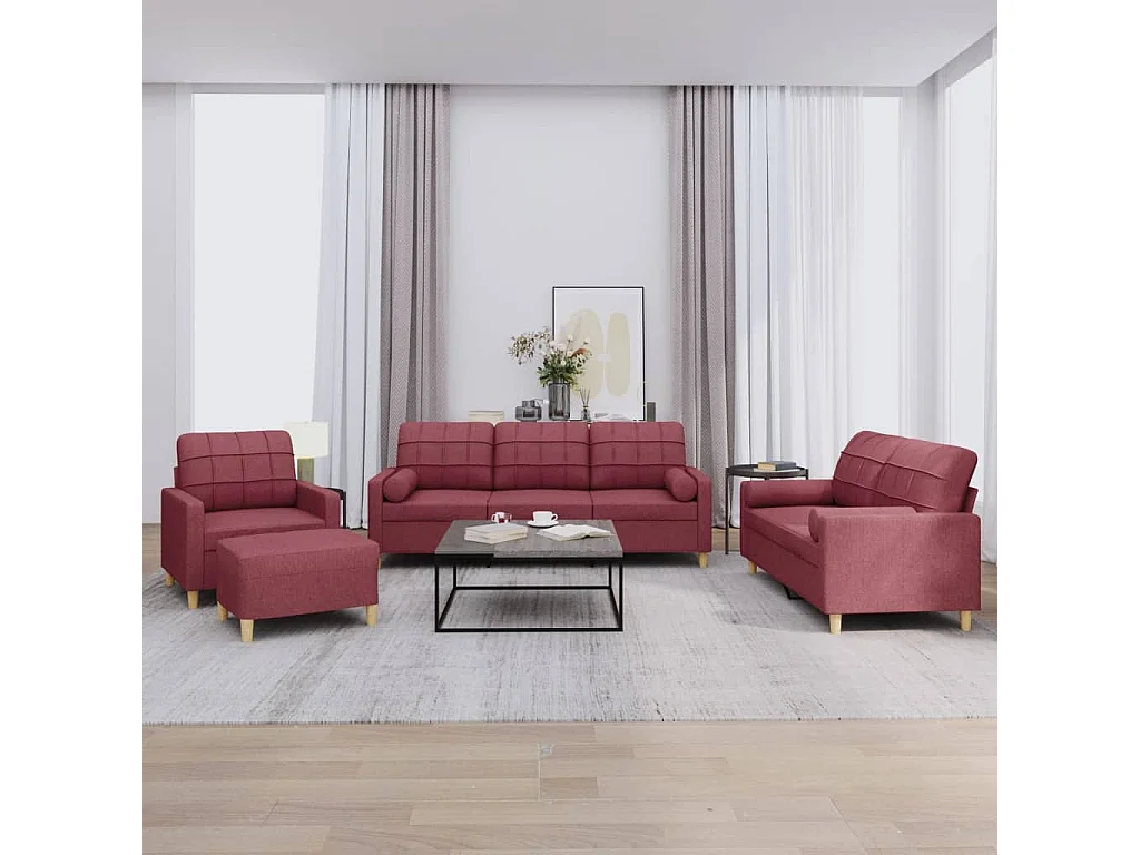 Ensemble de canapés 4 pièces avec coussins rouge bordeaux tissu