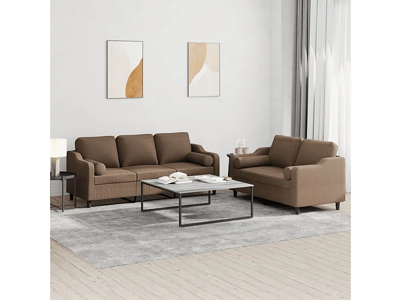 Ensemble de canapés 2 pièces avec coussins marron tissu