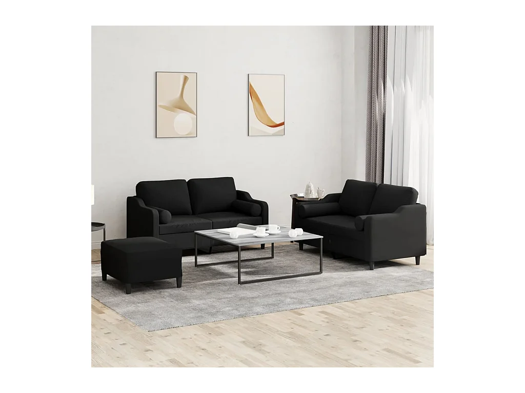 Ensemble de canapés 3 pièces avec coussins noir tissu