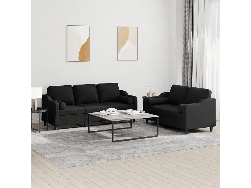 Ensemble de canapés 2 pièces avec coussins noir tissu