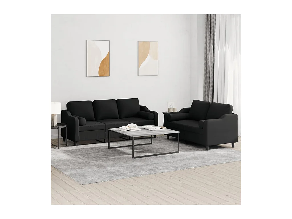 Ensemble de canapés 2 pièces avec coussins noir tissu