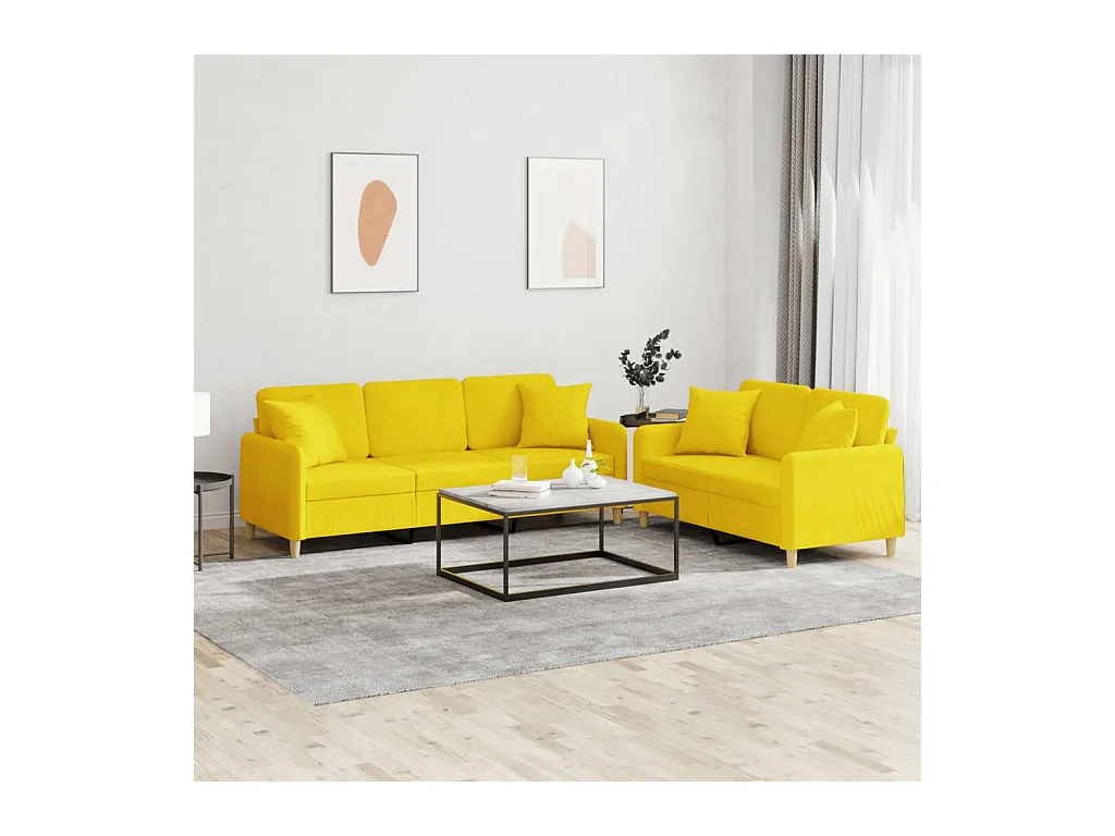 2 peças conjunto de sofás com almofadas tecido amarelo-claro