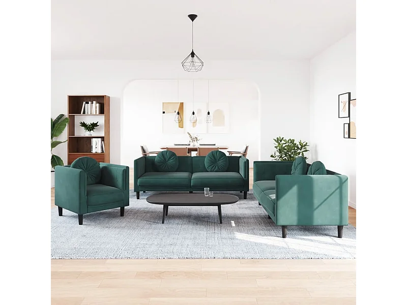 Ensemble de canapés 3 pièces avec coussins vert foncé velours