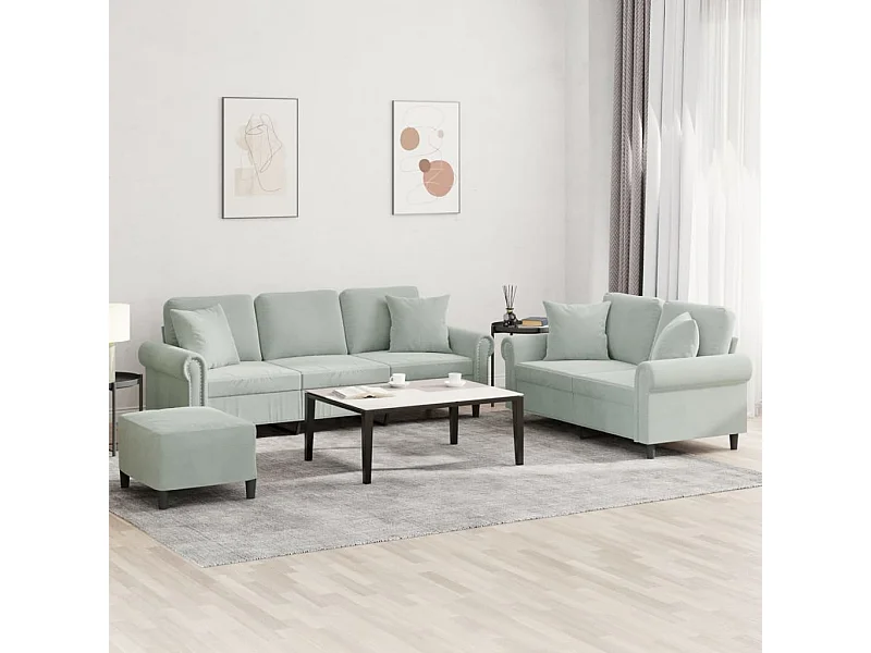 Ensemble de canapés 3 pièces avec coussins gris clair velours