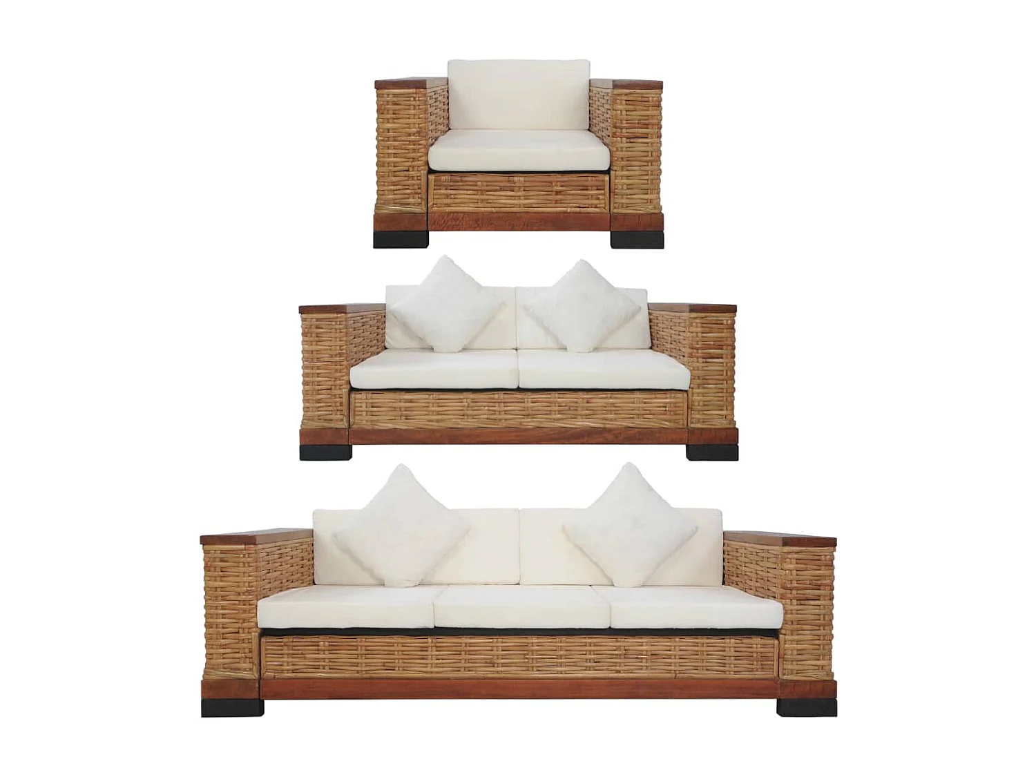 Ensemble de canapés 3 pièces avec coussins Marron Rotin naturel