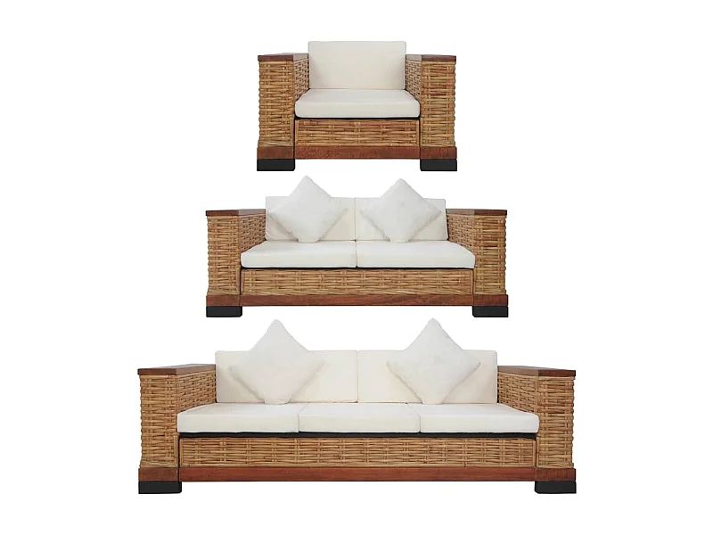 Ensemble de canapés 3 pièces avec coussins Marron Rotin naturel