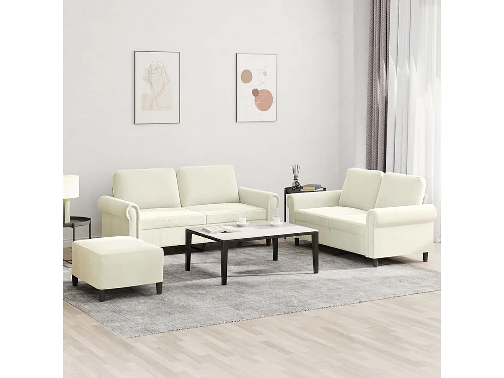 3 peças conjunto de sofás com almofadões veludo cor creme