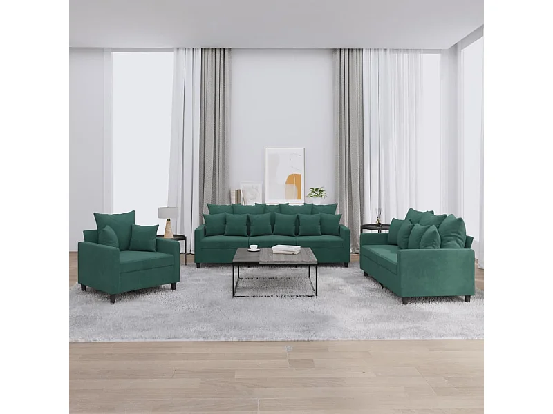 Ensemble de canapés 3 pièces avec coussins Vert foncé Velours