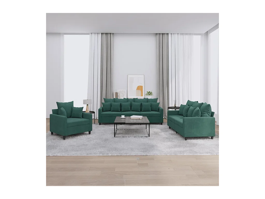 Ensemble de canapés 3 pièces avec coussins Vert foncé Velours