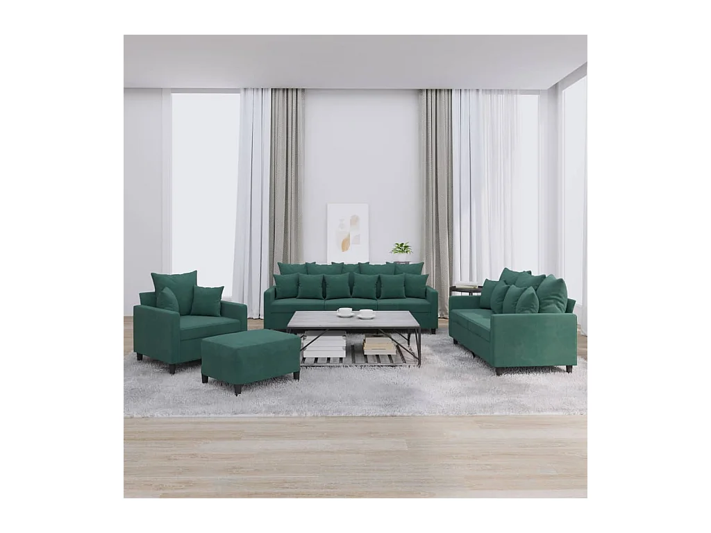 4 peças conjunto de sofás com almofadões veludo verde-escuro