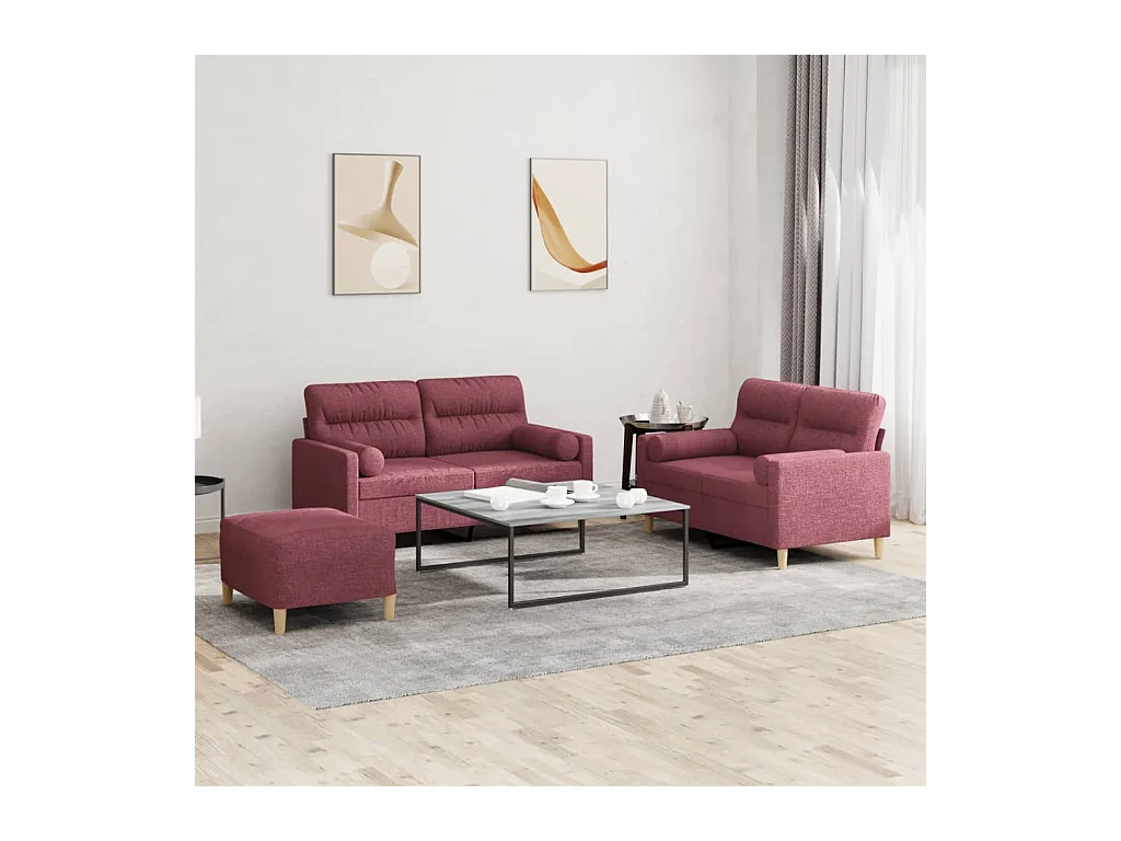 Ensemble de canapés 3 pièces avec coussins rouge bordeaux tissu