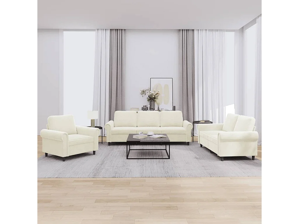 3 peças conjunto de sofás com almofadões veludo cor creme