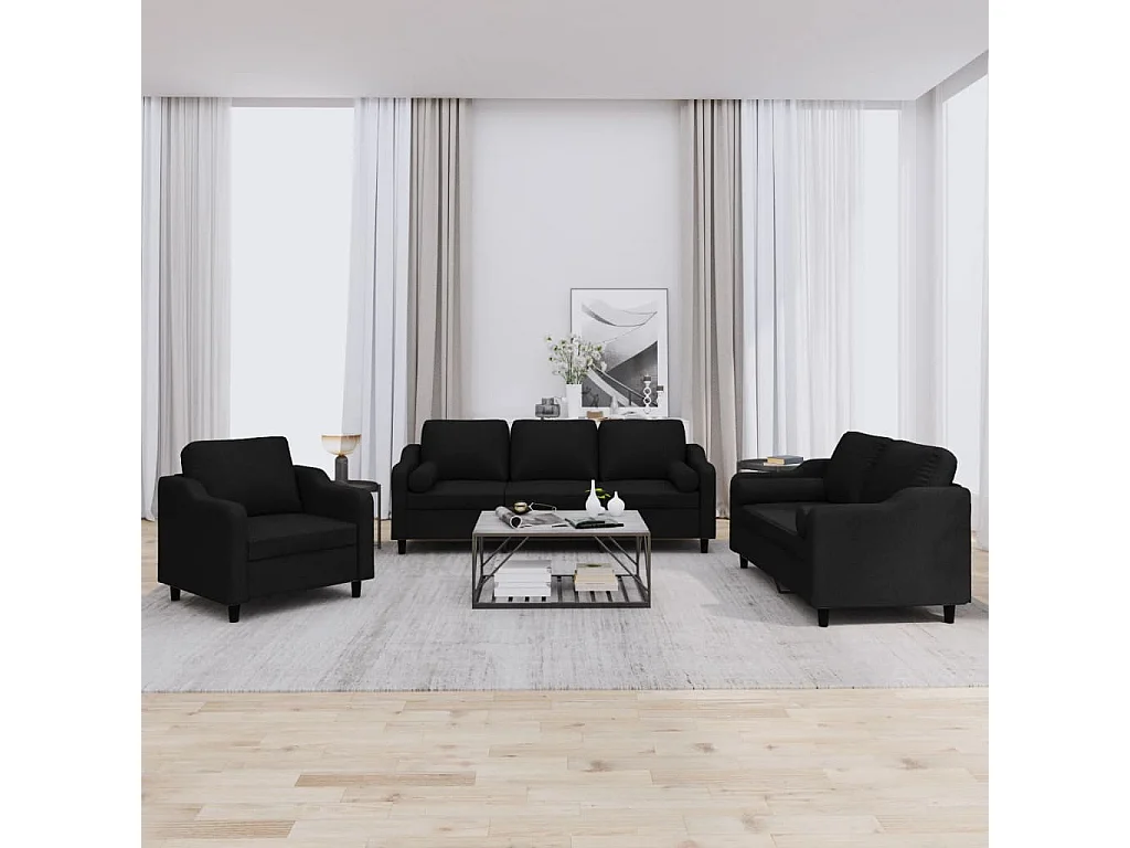 Ensemble de canapés 3 pièces avec coussins noir tissu
